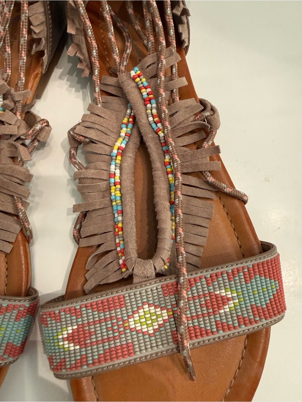 Jessica Simpson Boho Taupe Fringe Gladiator Sandals with Multicolor Beads - Picture 2 of 4
